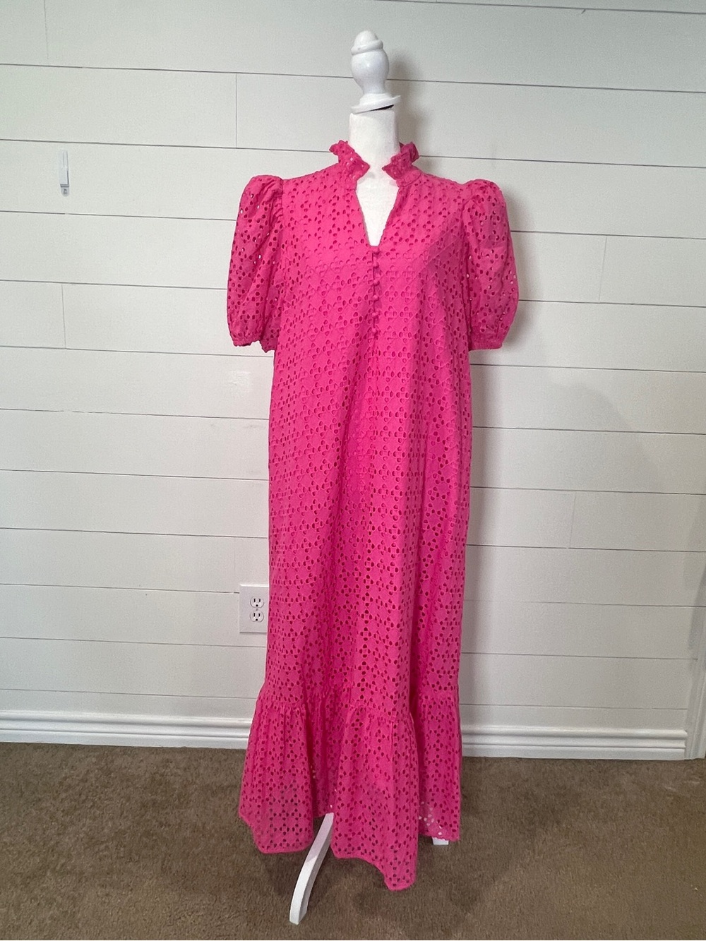 Entro Bright Pink Eyelet Maxi Dress with Ruffle Neck
